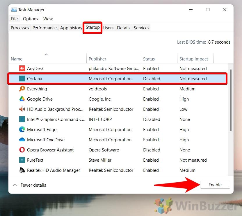Windows 11 - Task Manager - Startup - Choose Item - Enable