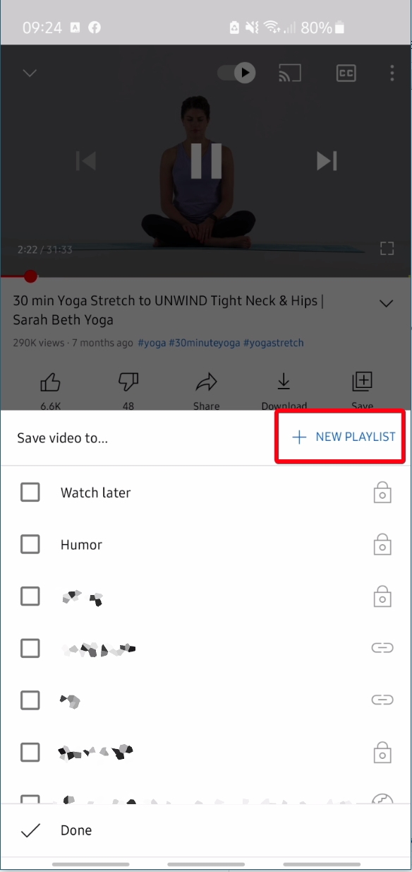 YouTube-App - Videoplayer - Save - New Playlist