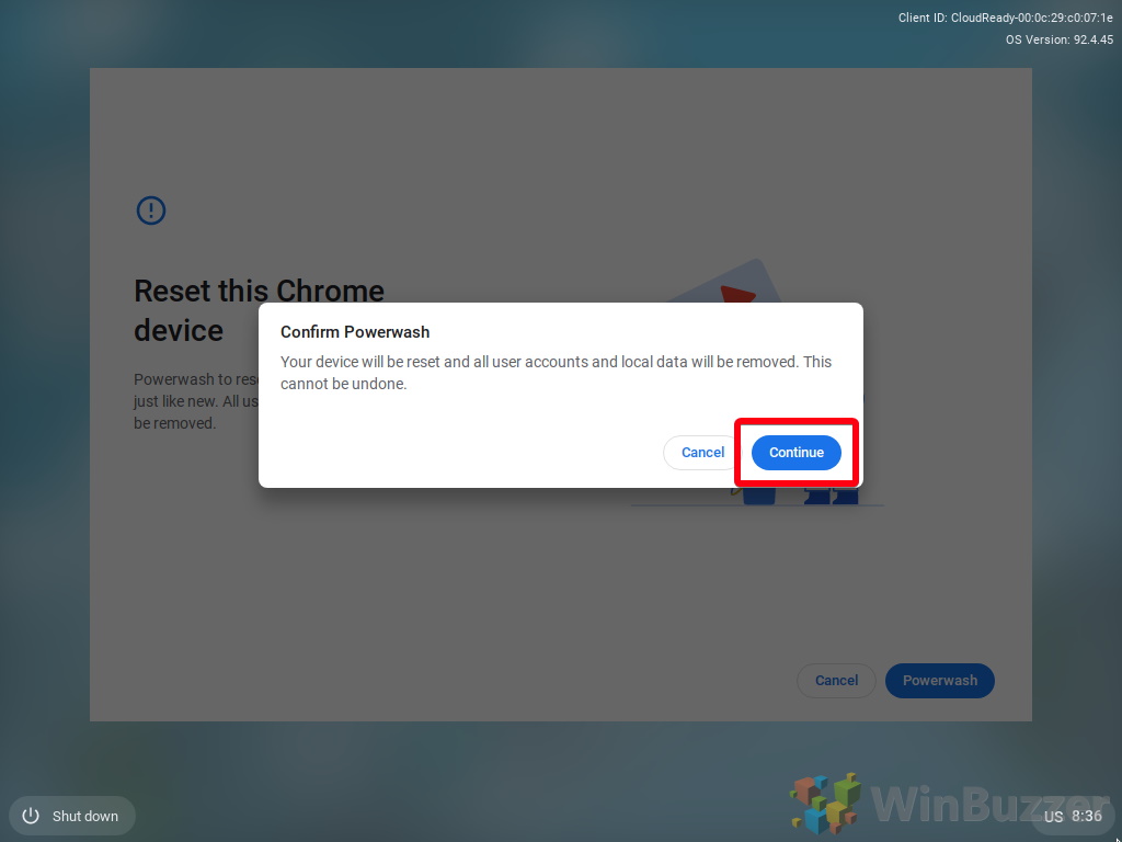 Chromebook - Reset this Chrome Device - Powerwash - Continue